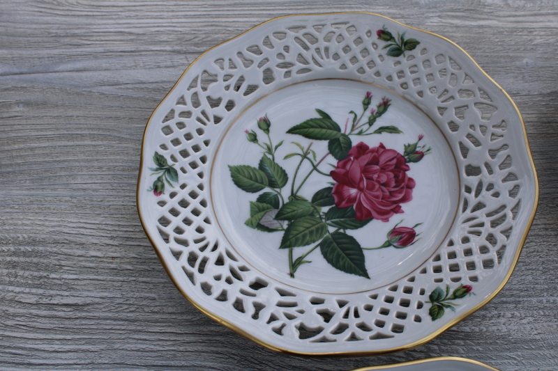 vintage Schumann pierced border china plates Redoute roses French botanical illustrations