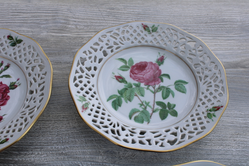 vintage Schumann pierced border china plates Redoute roses French botanical illustrations