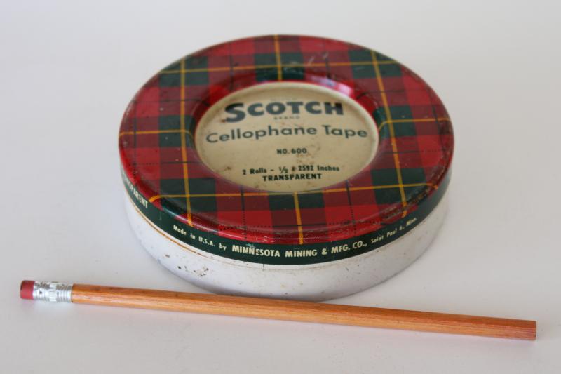 vintage Scotch tape tin, round metal can w/ red & green tartan plaid