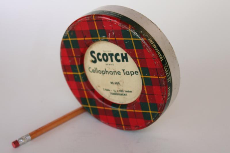 vintage Scotch tape tin, round metal can w/ red & green tartan plaid