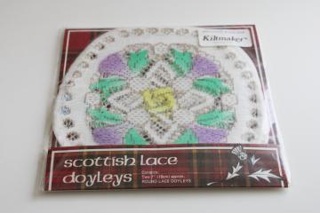 vintage Scottish lace doilies, mint in package purple thistle table mats