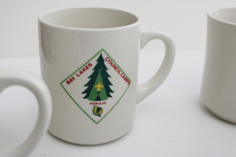 vintage Scout camp mugs, restaurant china Boy Scouts Bay Lakes Wisconsin BSA