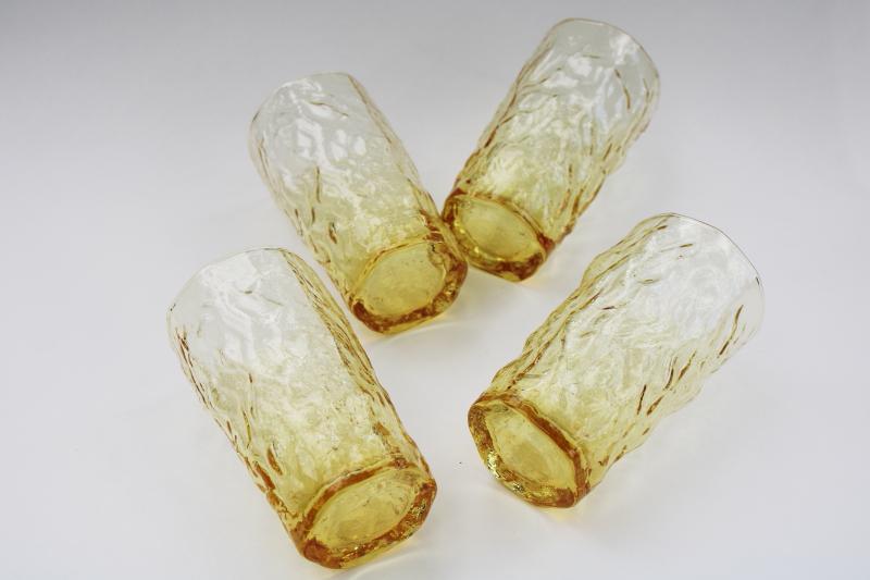 vintage Seneca driftwood crinkle textured yellow glass tumblers, drinking glasses set