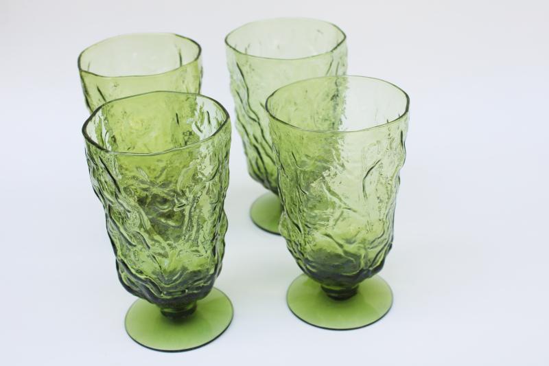vintage Seneca glass footed tumblers, driftwood crinkle glass avocado green goblets