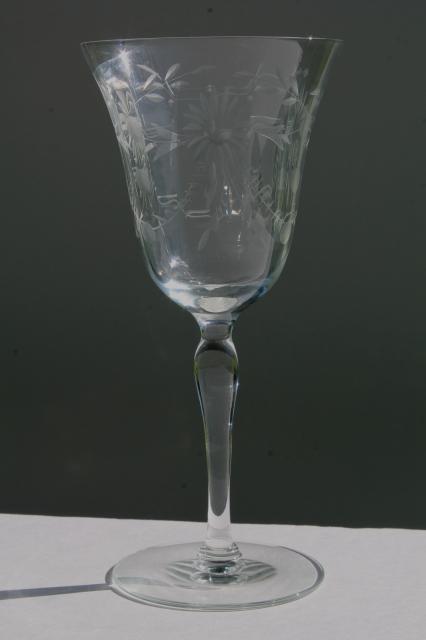 vintage Seneca glass wine glasses or water goblets, etched wheel cut daisy optic pattern