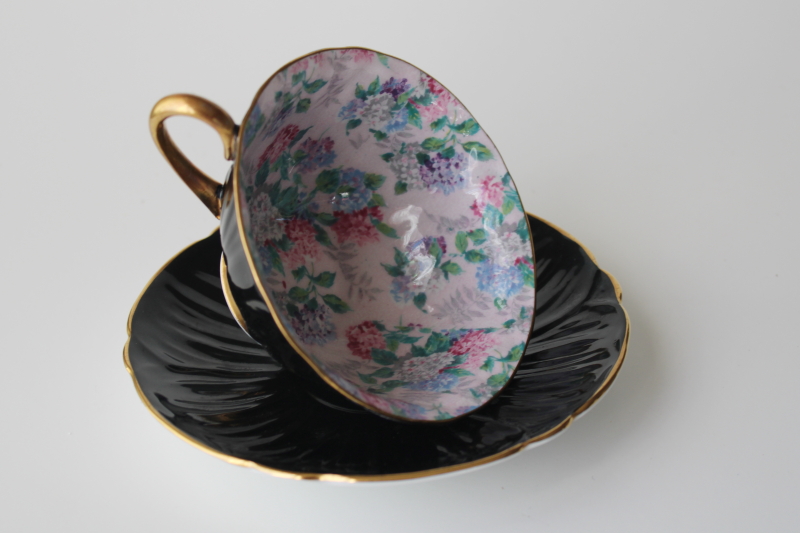 vintage Shelley bone china cup  saucer oleander Summer Glory lilacs chintz w/ black