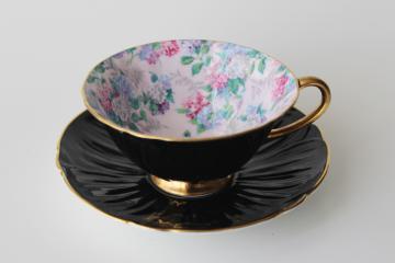 vintage Shelley bone china cup  saucer oleander Summer Glory lilacs chintz w/ black