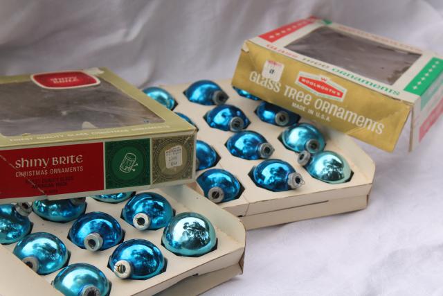 vintage Shiny Brite & Woolworths Christmas ornaments in boxes, blue glass balls