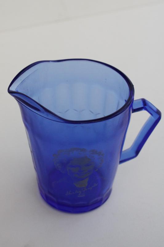 vintage Shirley Temple pitcher, cobalt blue depression glass Hazel Atlas