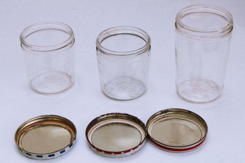 vintage Skippy peanut butter jars w/ red blue metal lids, embossed glass measuring jars lot