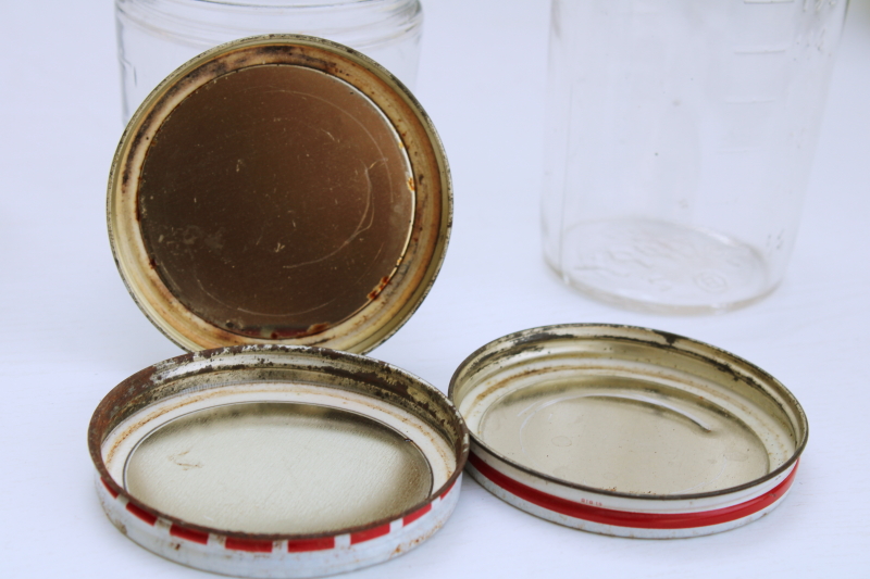 vintage Skippy peanut butter jars w/ red blue metal lids, embossed glass measuring jars lot