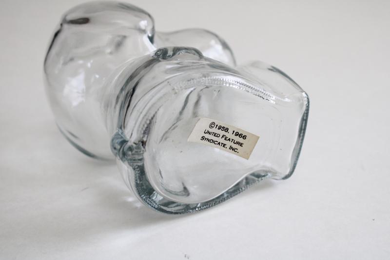 vintage Snoopy bank w/ original Peanuts label, Anchor Hocking clear glass