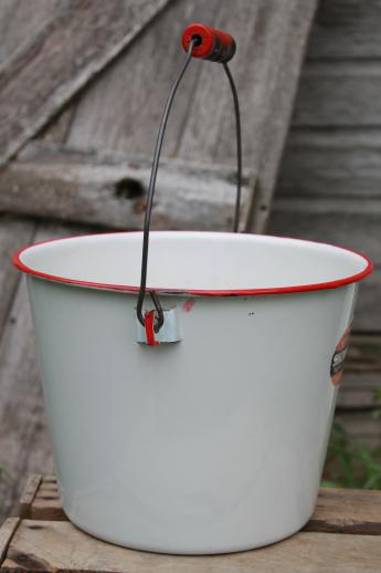 vintage Snow White enamel ware pail with label, farm kitchen / garden bucket