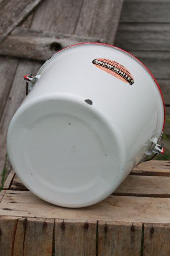 vintage Snow White enamel ware pail with label, farm kitchen / garden bucket