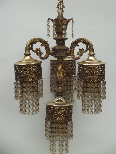 vintage Spanish brass chandelier, waterfall tiered  glass prisms chandelier