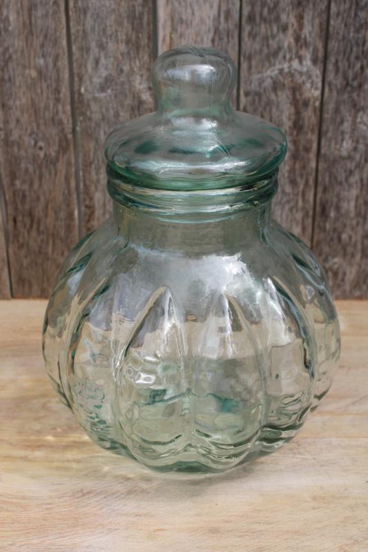 vintage Spanish green recycled glass huge melon shape jar, canister w/ lid