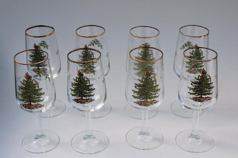 vintage Spode Christmas tree pattern wine glasses or water goblets set of 8