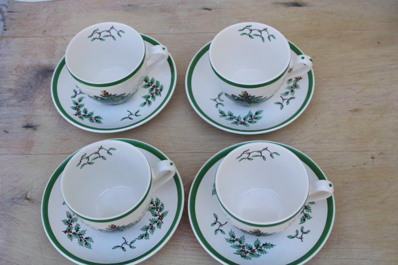 vintage Spode England Christmas tree pattern cups & saucers, four cup & saucer sets