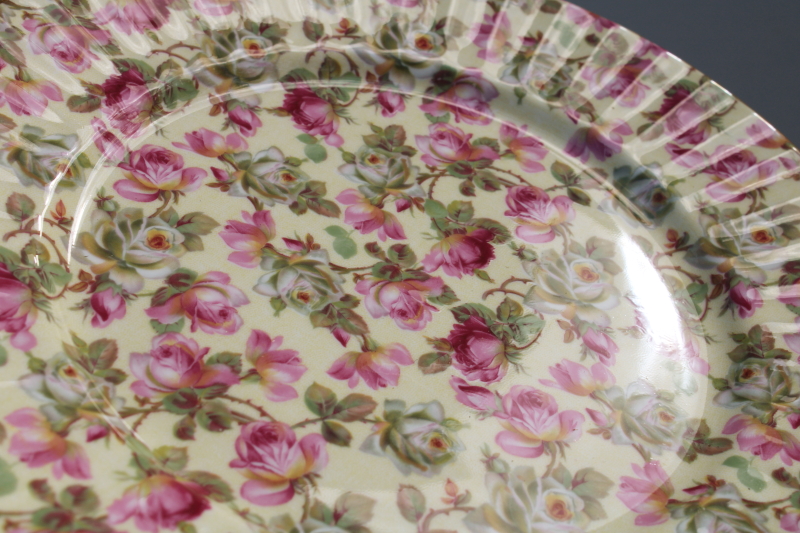vintage Staffordshire English chintz china plate pink roses floral on yellow