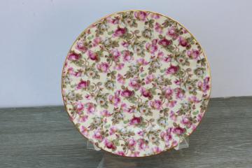 vintage Staffordshire English chintz china plate pink roses floral on yellow