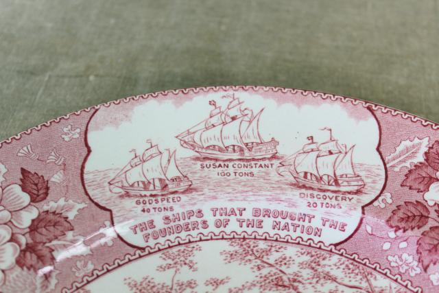 vintage Staffordshire china red transferware plate, souvenir of Jamestown Virginia
