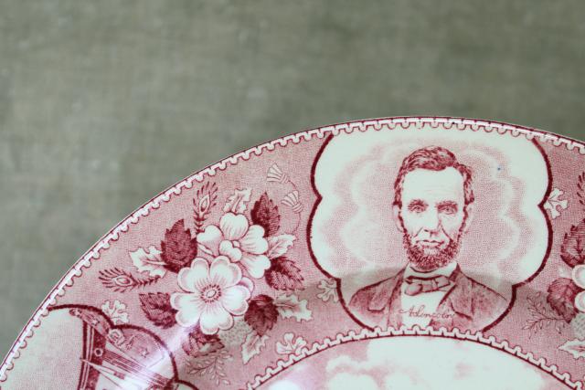 vintage Staffordshire china red transferware plate, souvenir of Lincoln Springfield Illinois
