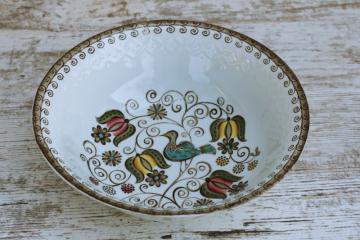 vintage Staffordshire china serving bowl, English Partridge brown multicolor transferware bird pattern