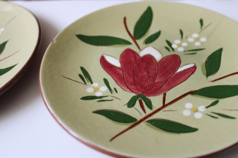 vintage Stangl pottery Magnolia folk art flower on green, bread  butter plates