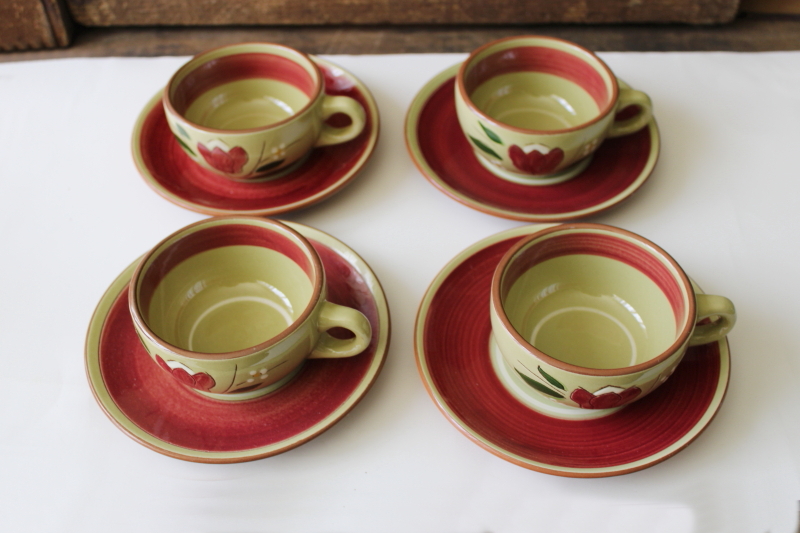 vintage Stangl pottery Magnolia folk art flower on green, set of 4 cups  saucers