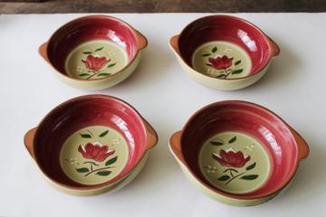 vintage Stangl pottery Magnolia folk art flower on green, set of 4 soup chowder bowls