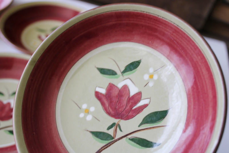 vintage Stangl pottery Magnolia folk art flower on green, set of 6 fruit bowls