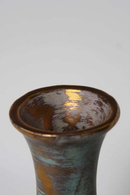 vintage Stangl pottery bud vase, Antique gold brushed finish over aqua