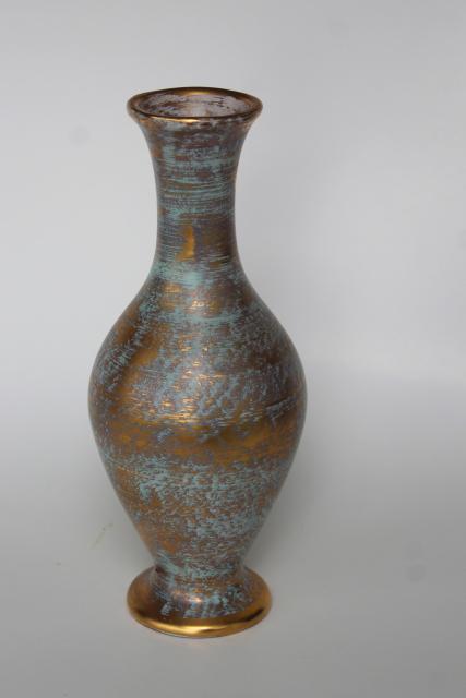 vintage Stangl pottery bud vase, Antique gold brushed finish over aqua