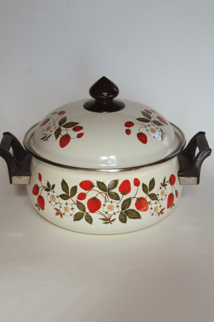 vintage Strawberries n Cream go-along dutch oven enamel pot and lid