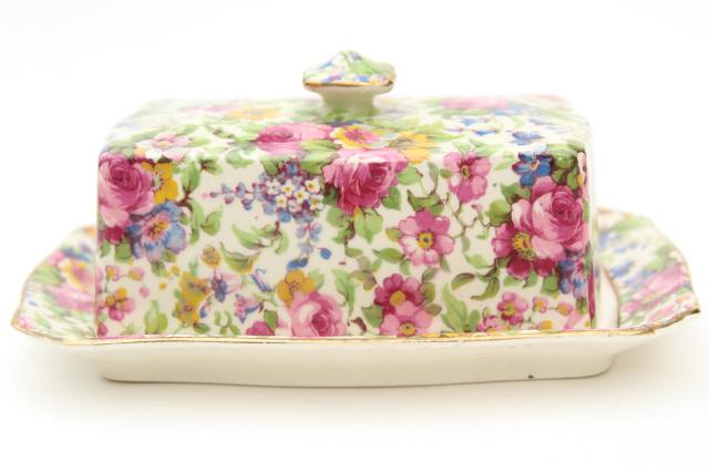 vintage Summertime Royal Winton chintz china covered butter dish, plate & cover