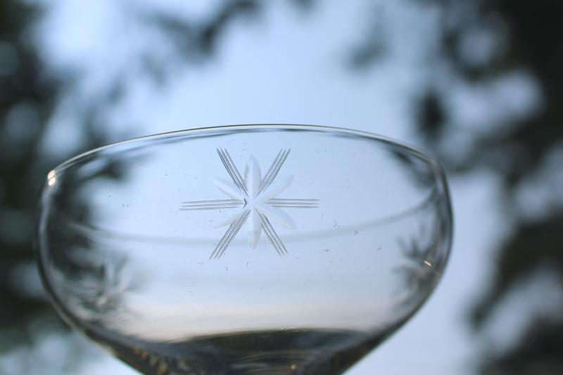 vintage Susquehanna crystal coupe champagne glasses, six pointed star etched stemware