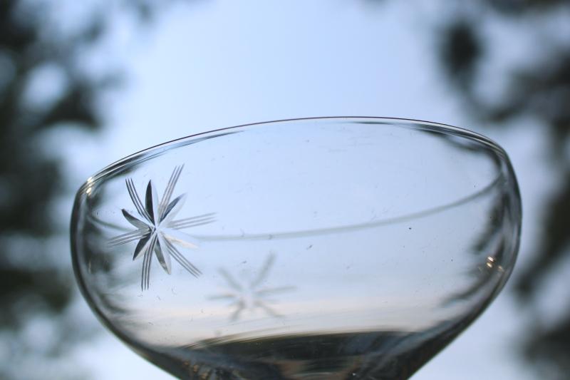 vintage Susquehanna crystal coupe champagne glasses, six pointed star etched stemware