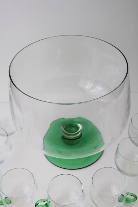 vintage Sussmuth punch bowl & cups, jade green & crystal clear hand blown glass 