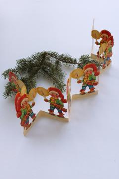 vintage Sweden Christmas decoration, paper chain dolls Scandinavian little boy w/ lantern print