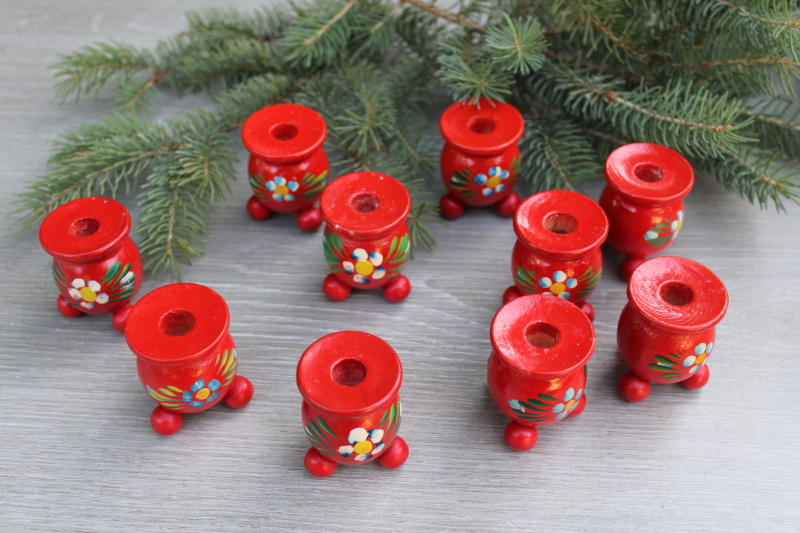 vintage Swedish candle holders, hand painted wood made in Sweden Christmas candle holders