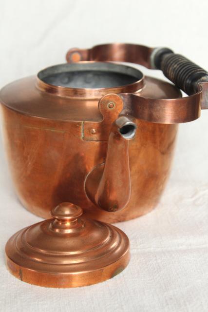 vintage Swedish copper teapot, tea kettle w/ wood handle, tarnished old patina