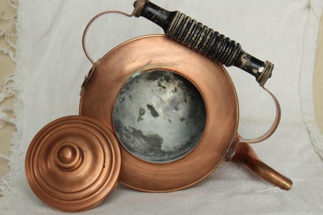 vintage Swedish copper teapot, tea kettle w/ wood handle, tarnished old patina