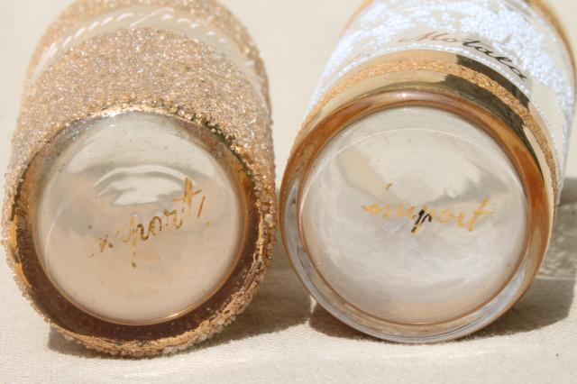 vintage Swedish glass tumblers, gold encrusted glasses, antique souvenir from Motala Sweden