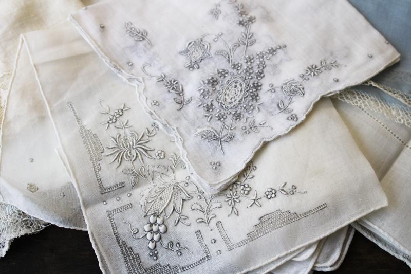 vintage Swiss & Madeira handkerchiefs fine cotton & linen lace & embroidery, white hankies lot