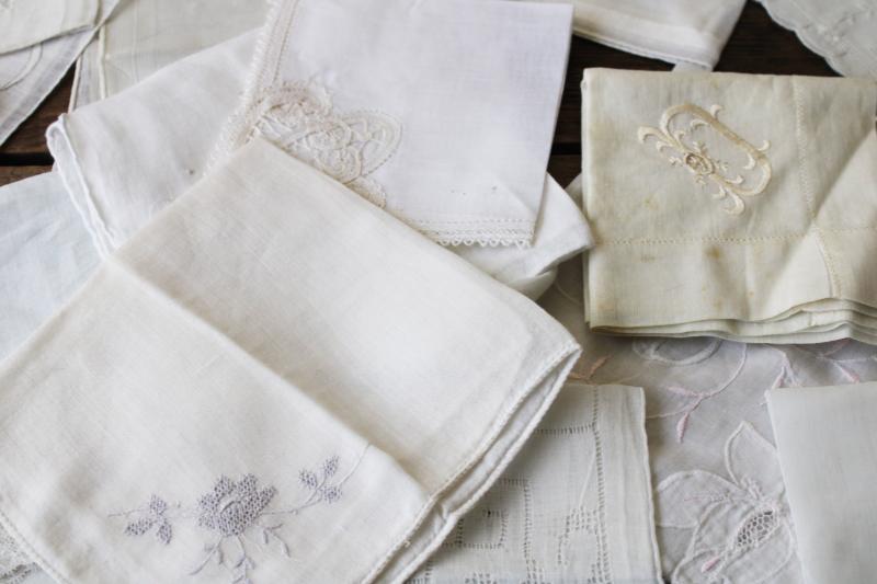 vintage Swiss & Madeira handkerchiefs fine cotton & linen lace & embroidery, white hankies lot
