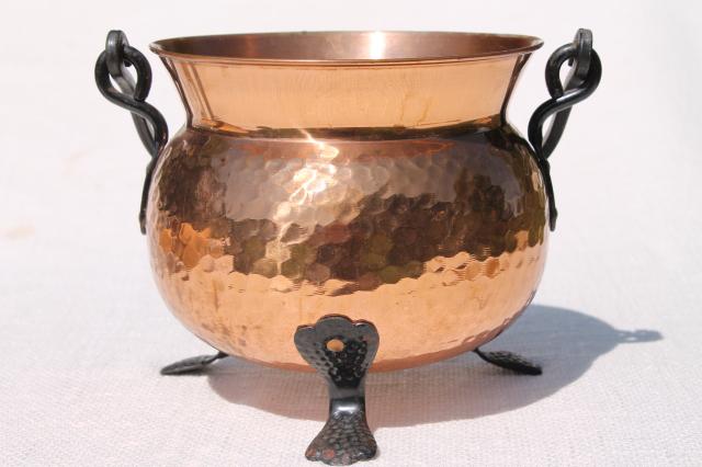 vintage Swiss copper pot kettle w/ wrought iron handle & feet, witch cauldron shape