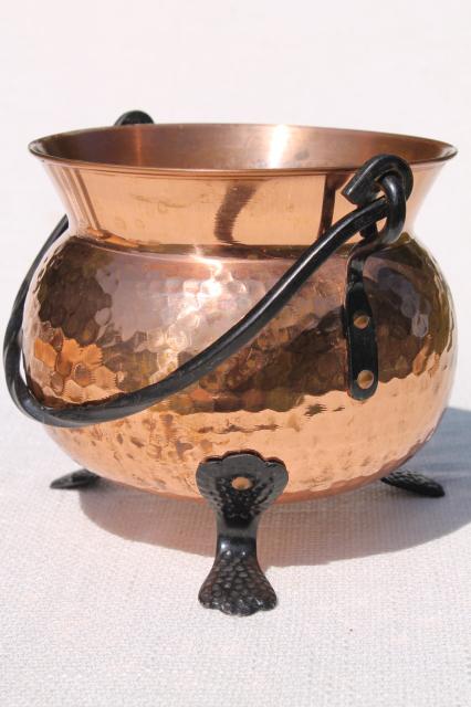 vintage Swiss copper pot kettle w/ wrought iron handle & feet, witch cauldron shape