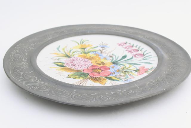 vintage Swiss pewter rimmed ceramic plate w/ hand painted alpine flowers