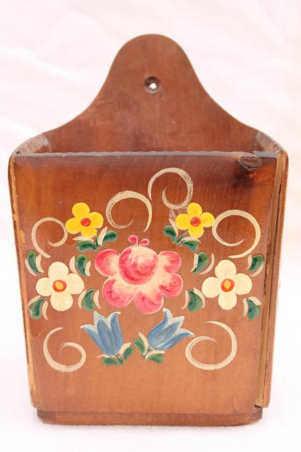 vintage Switzerland carved wood wall pocket box w/ hand painted folk art flowers