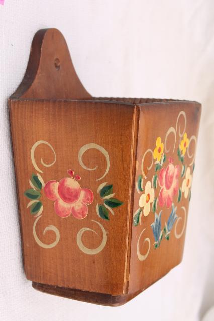vintage Switzerland carved wood wall pocket box w/ hand painted folk art flowers